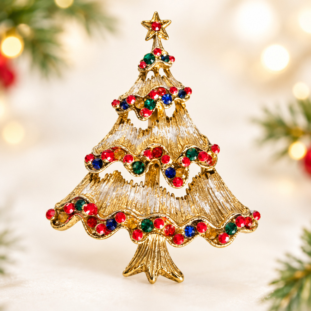 Vintage Christmas Tree Brooch Rhinestone Garland Snowy Gold Tone Holiday Pin